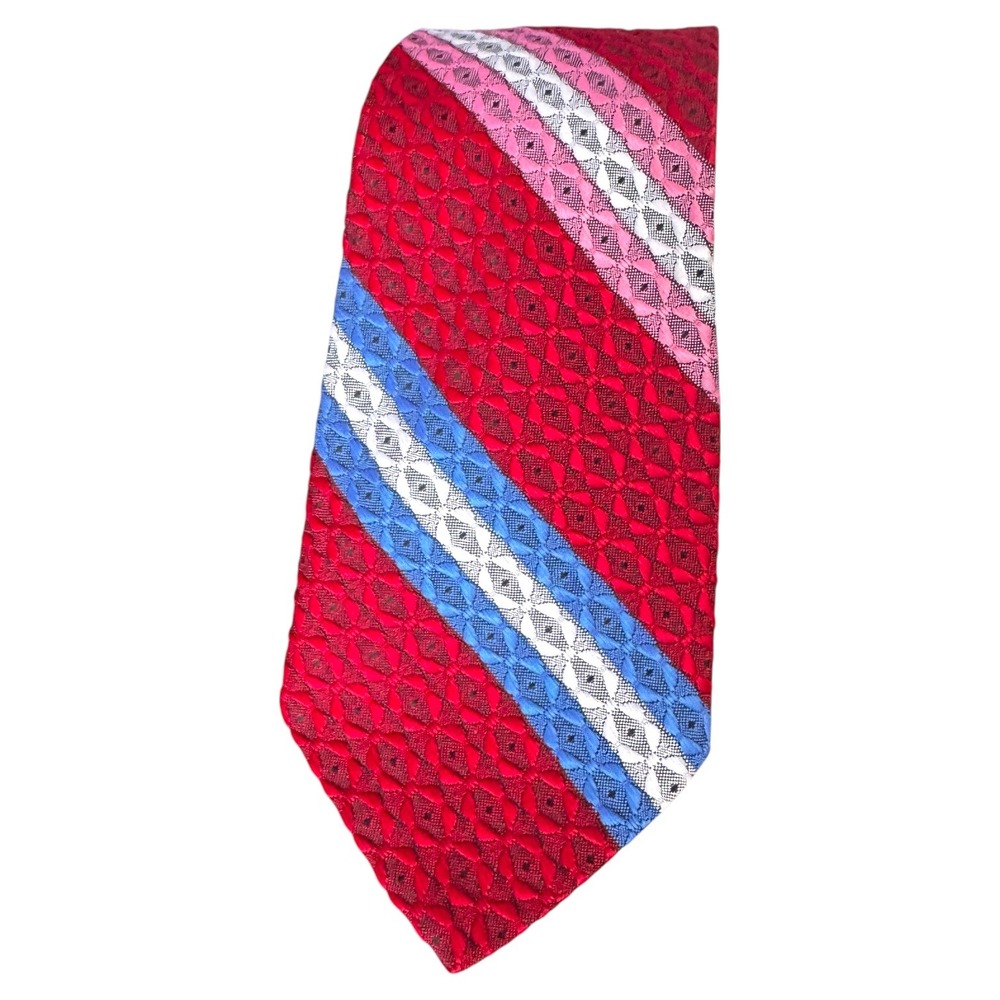 Vintage 70's Superba Necktie 100% Dacron Polyester Red Blue Striped Geometric